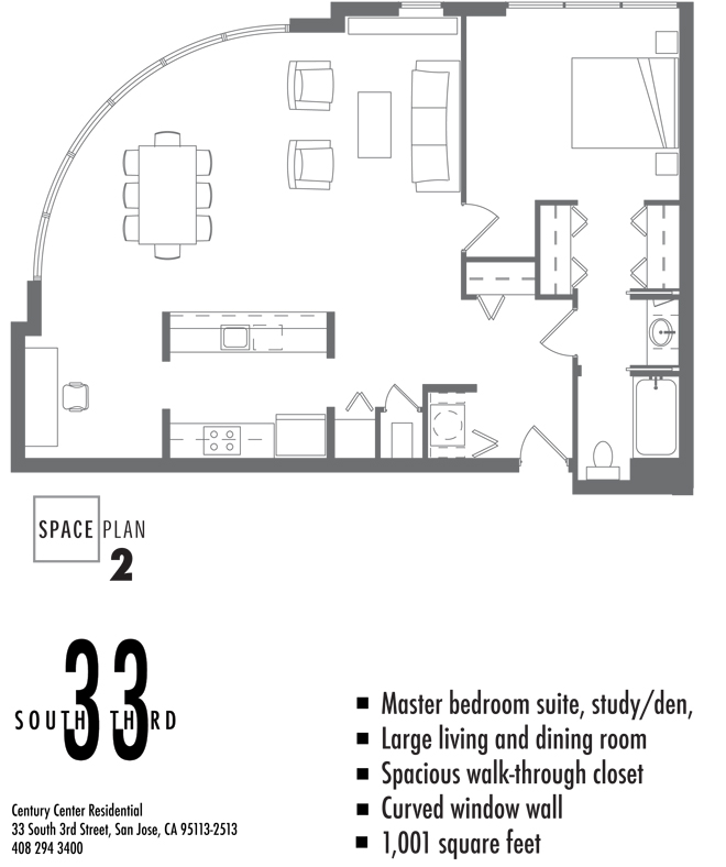 Floor Plan 2. 1 Bedroom 1 Bath   1,001 Square Feet
