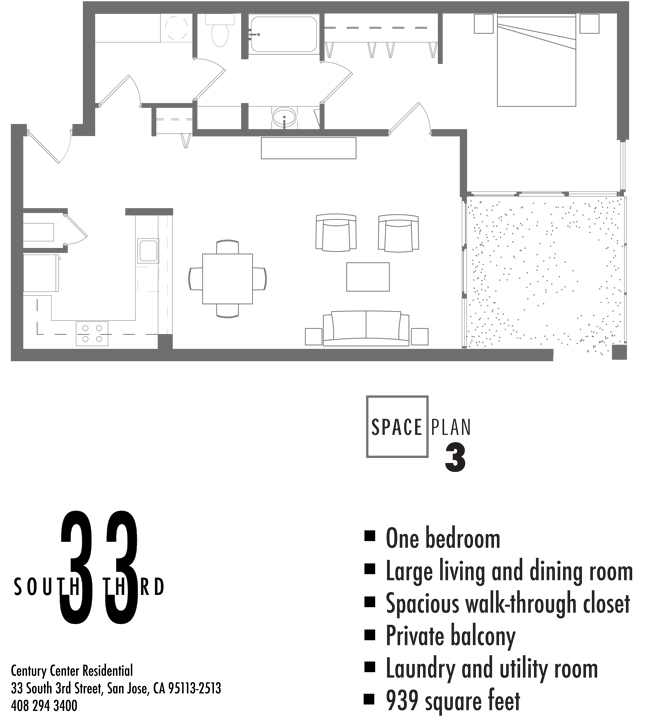 Floor Plan 3. 1 Bedroom 1 Bath   939 Square Feet