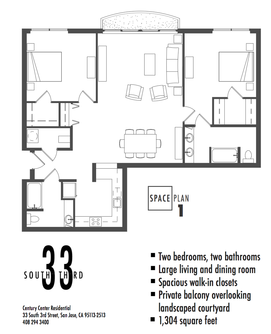 Floor Plan 1. 2 Bedroom 2 Bath   1,304 Square Feet