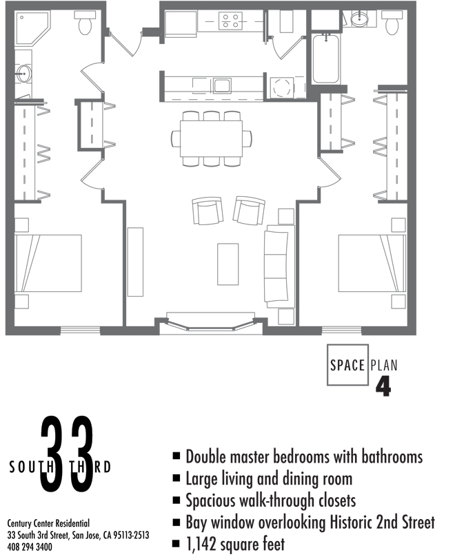 Floor Plan 4. 2 Bedroom 2 Bath   1,142 Square Feet