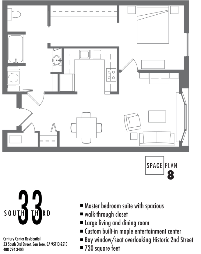 Floor Plan 8. 1 Bedroom 1 Bath   730 Square Feet